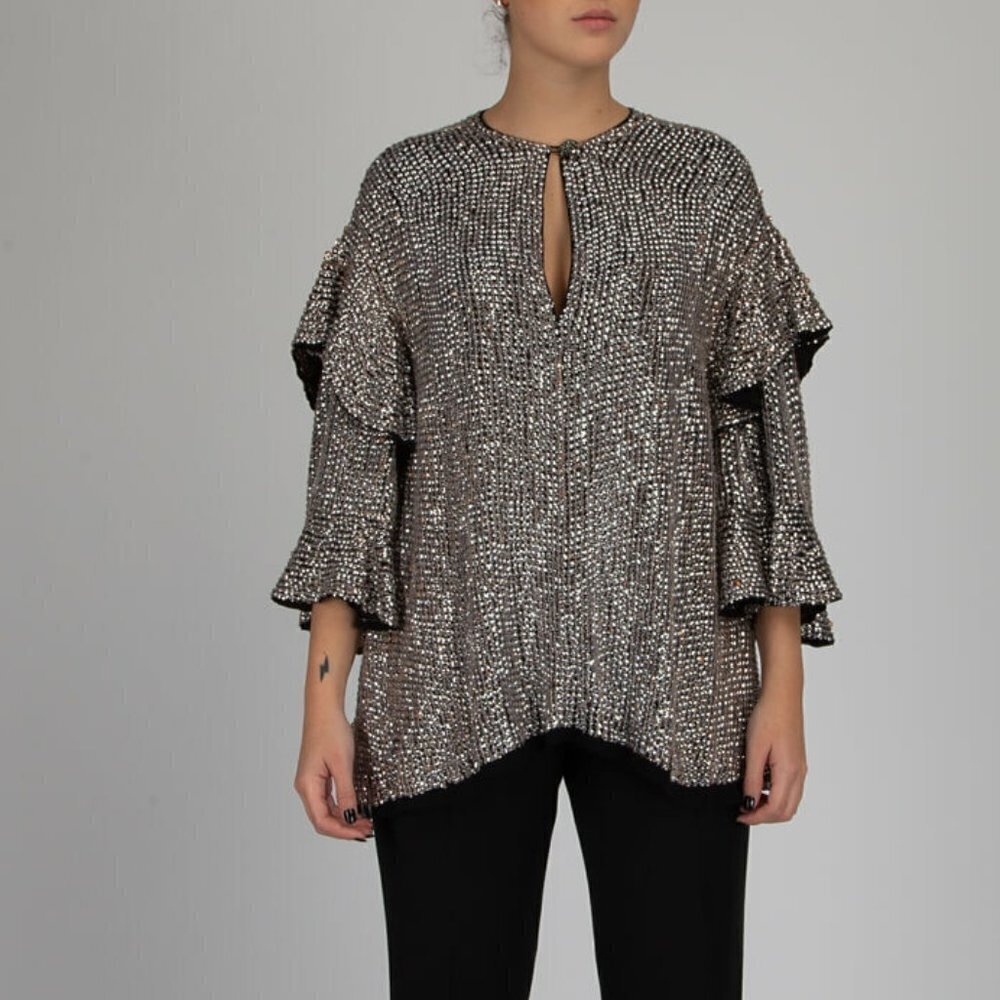 ISABEL Marant Metallic Silver Sequin Ruffle Top Sz Medium Womens Ruffle Sleeve